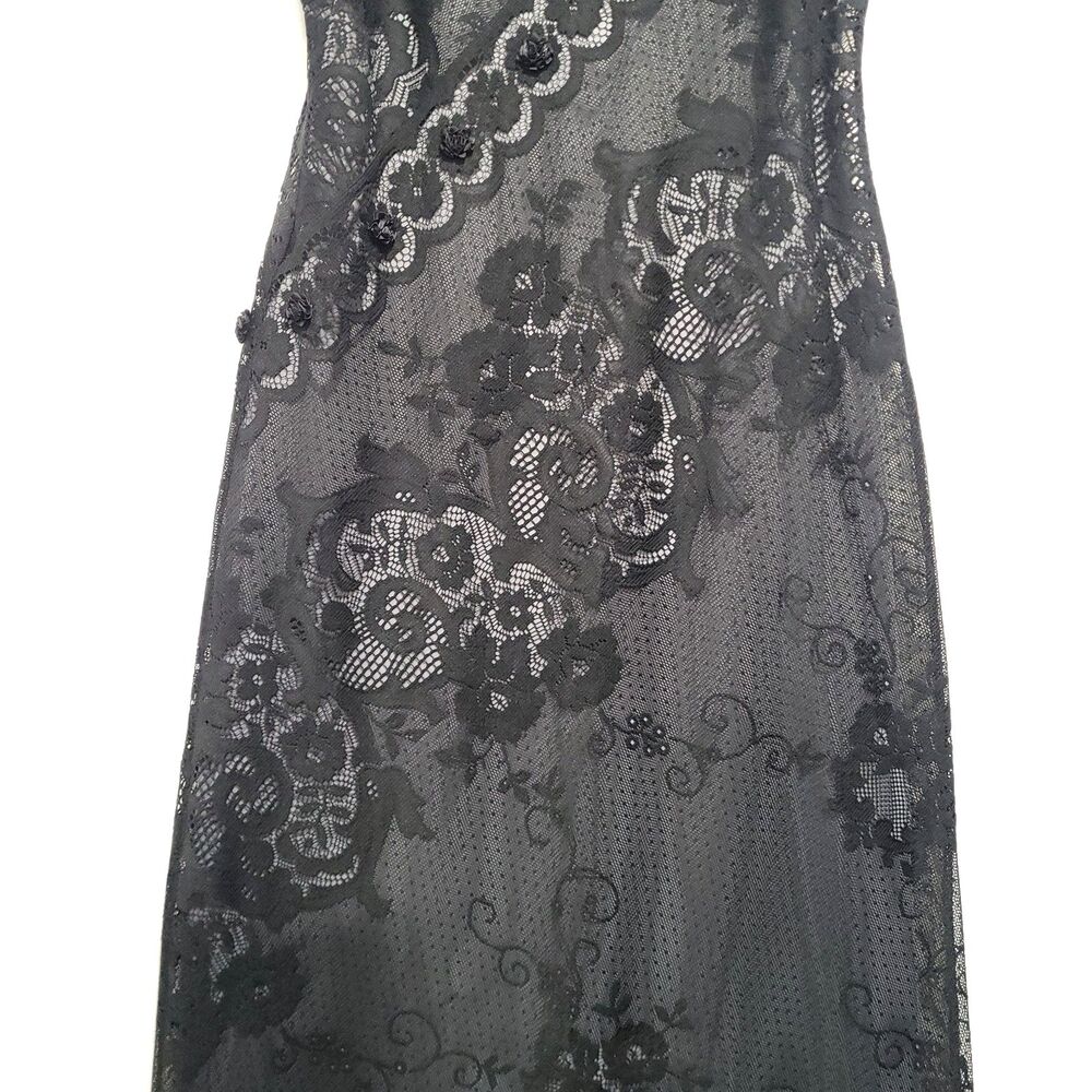 Y2K Whimsigoth Maxi Slip Dress Laundry Black Lace over gray satin 3D Ribbon rose - Picture 5 of 16